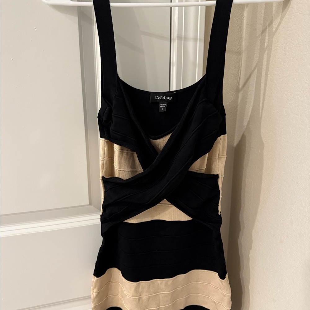 Bebe Black and Cream Striped Tank Top